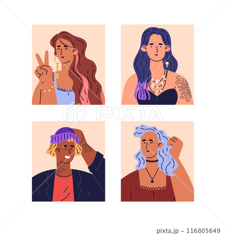 Set of portraits people white piercings flat style, vector illustration 116805649