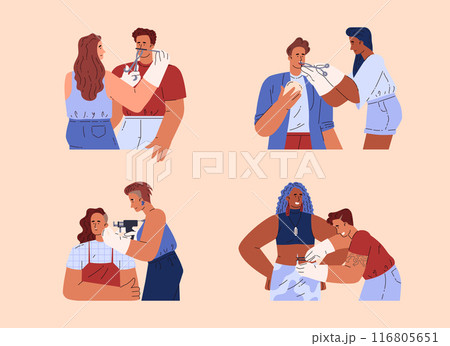 Piercing salon, collection of vector scenes with professional piercing services. 116805651