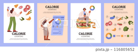 A set of infographics on a white background, focused on health, with diagrams for measuring calories 116805652