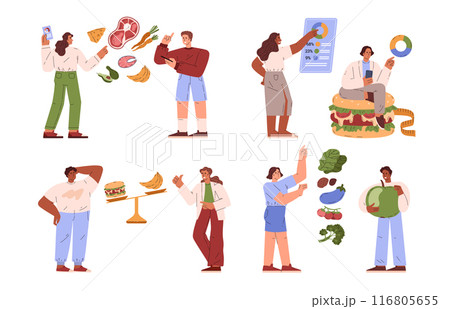 Set of huge food products and people counting calories flat style 116805655