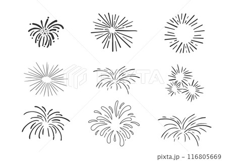 Set fireworks doodle line explosion radial sparkler with rays, hand drawn firecrackers simple and round decoration isolated on white background. Set fireworks doodle line explosion radial sparkler with rays, hand drawn firecrackers simple and round decoration isolated on white background. 116805669