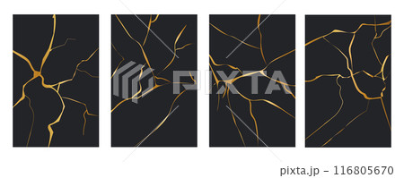 Kintsugi gold simple break lines, asian geaometric crackle. Surface with crack print, effect. Moderm cover golden broken texture. Kintsugi gold simple break lines, asian geaometric crackle. Surface with crack print, effect. Moderm cover golden broken texture. 116805670