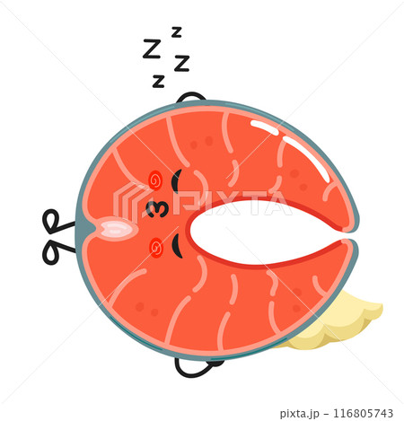 Red fish salmon sleeping character. Vector hand drawn cartoon kawaii character illustration icon. Isolated on white background. Red fish salmon sleep character concept 116805743