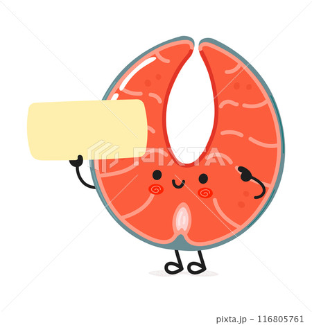 Cute funny Red fish salmon poster character. Vector hand drawn cartoon kawaii character illustration. Isolated white background. Red fish salmon poster 116805761