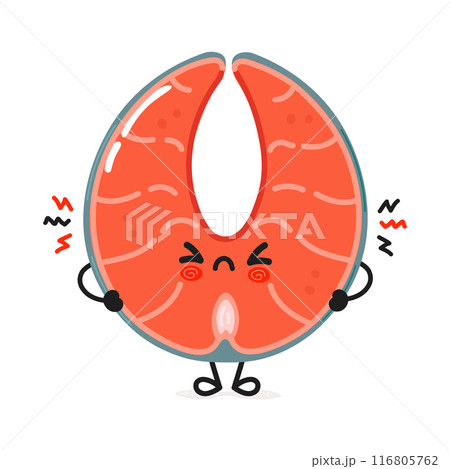 Cute angry red fish salmon character. Vector hand drawn cartoon kawaii character illustration icon. Isolated on white background. Sad red fish salmon character concept 116805762