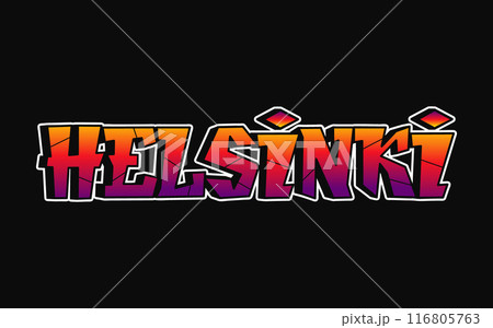 Helsinki city - single word, letters graffiti style. Vector hand drawn logo. Funny cool trippy word Helsinki, fashion, graffiti style print t-shirt, poster concept 116805763