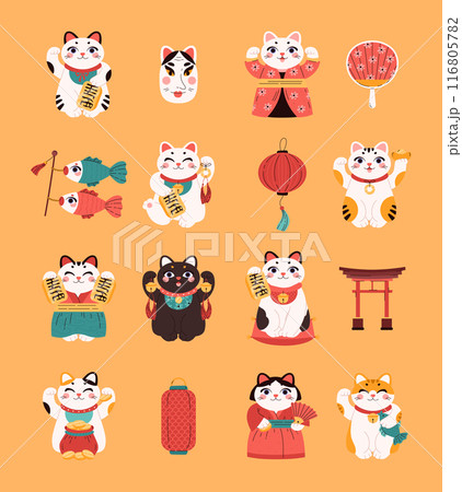 Japanese Maneki Neko figurines, lucky cat holds amulets wealth and traditional symbols vector set, great fortunes signs 116805782