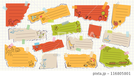 Back to school. Torn pieces of colored paper. Childrens collage and doodles 116805801
