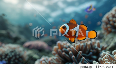 Clownfish Swimming in a Reef Tank 116805984