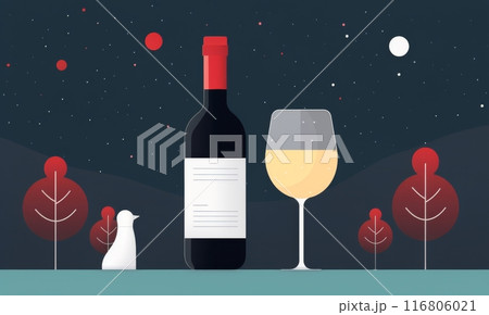 Wine Bottle and Glass on Dark Background 116806021
