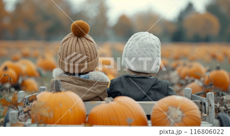 Children Sitting In Pumpkin Patch 116806022
