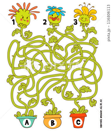 Children logic game to pass the maze. Potted flowers. Educational game for kids 116806113