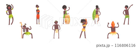 Barefoot African Aboriginal People Character Dressed in Traditional Tribal Clothing Vector Set Barefoot African Aboriginal People Character Dressed in Traditional Tribal Clothing Vector Set 116806116