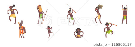 Barefoot African Aboriginal People Character Dressed in Traditional Tribal Clothing Vector Set 116806117