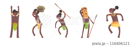 Barefoot African Aboriginal People Character Dressed in Traditional Tribal Clothing Vector Set 116806121