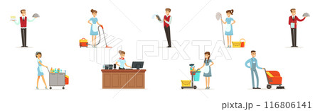 People Hotel Staff Character Engaged in Service Work Vector Set 116806141