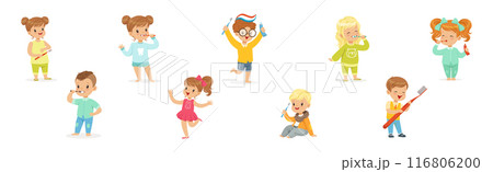 Kids Brushing Teeth Enjoy Oral Hygiene Routine Vector Set Kids Brushing Teeth Enjoy Oral Hygiene Routine Vector Set 116806200