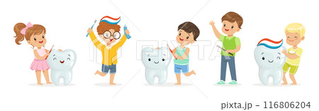 Kids Brushing Teeth Enjoy Oral Hygiene Routine Vector Set 116806204