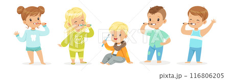 Kids Brushing Teeth Enjoy Oral Hygiene Routine Vector Set Kids Brushing Teeth Enjoy Oral Hygiene Routine Vector Set 116806205