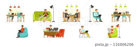 Man and Woman Freelancer at Coworking Space Vector Set 116806206