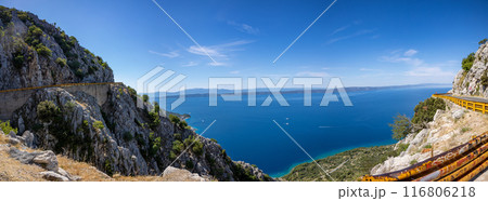 Croatia road. Croatia - Adriatic Highway (Jadranska Magistrala) road along the coast. Croatia. Beautiful nature and landscape. Coastal Road and Sea in Summer Croatia road. Croatia - Adriatic Highway (Jadranska Magistrala) road along the coast. Croatia. Beautiful nature and landscape. Coastal Road and Sea in Summer 116806218
