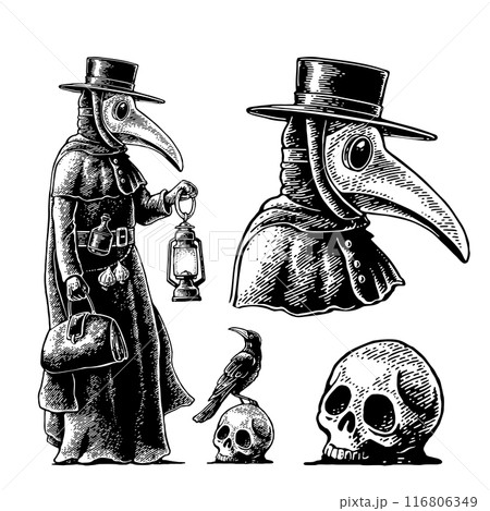 Plague doctor with bird mask. Crow sitting on skull. Engraving 116806349