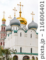 MOSCOW, RUSSIA - JUNE 09, 2021 Church building with golden domes Smolensky cathedral on the territory of the Novodevichy Monastery in the Russian capital Moscow, dated 1524 - 1525 116806401