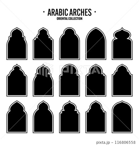 Islamic frames, oriental style objects. Arabic shapes, windows and arches. Traditional ornamental banner, frame. Muslim holidays, Ramadan Kareem. Modern eastern architecture. Vector illustration 116806558