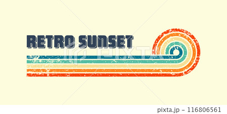 Grunge horizontal vintage sunset. Various colorful striped sunrise badges in 80s and 90s style. Sun and ocean view, summer vibes, surfing. Design element, print, logo or t-shirt. Vector illustration 116806561