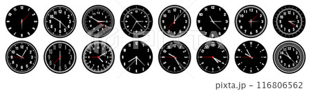 Mechanical clock faces with hands, bezel. Watch dial with minute, hour marks and numbers, arabic numerals. Timer or stopwatch element. Measuring circle scale with divisions. Vector illustration 116806562