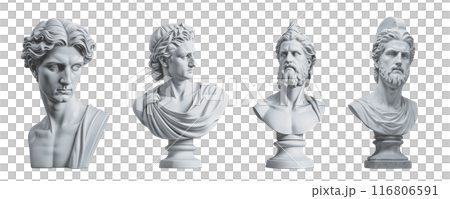 There are four busts of ancient Greek men depicted on a plain white background There are four busts of ancient Greek men depicted on a plain white background 116806591