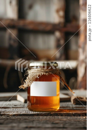 Organic Honey Jar on Rustic Wooden Table with Blank Label Organic Honey Jar on Rustic Wooden Table with Blank Label 116806622