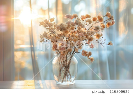 Sunlit Vintage Glass Vase with Dried Flowers by Window 116806623