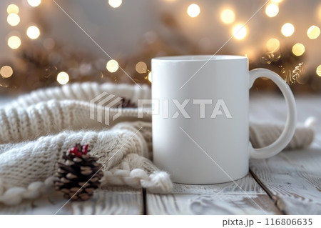 Festive Holiday Mug Surrounded by Christmas Decorations and Warm Lights 116806635