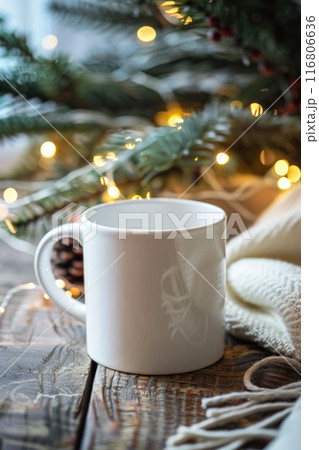 Festive Holiday Mug Surrounded by Christmas Decorations and Warm Lights 116806636