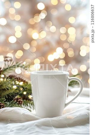 Cozy Winter Moment with Warm Drink and Festive Lights Cozy Winter Moment with Warm Drink and Festive Lights 116806637