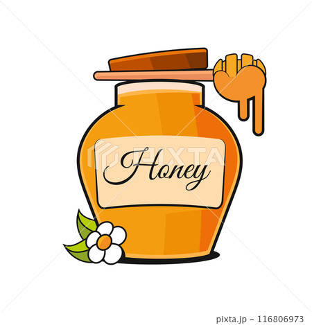 Jar of honey with honey dipper flat illustration isolated on background 116806973