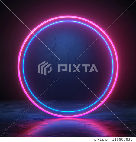 Neon Glowing Circle, Ultraviolet Futuristic Round Frame on Dark Background 116807830