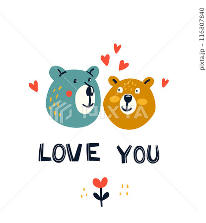 Two Cute Bears isolated on white background - Love You lettering Quote. Two Cute Bears isolated on white background - Love You lettering Quote. 116807840