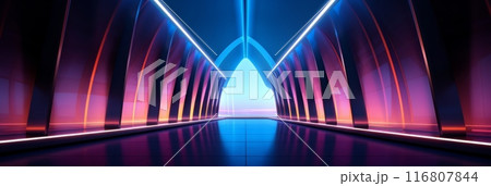 Futuristic Corridor With Neon Lights And Archway. Sci-Fi Tunnel. Ultra-Modern Architecture. Generative AI 116807844