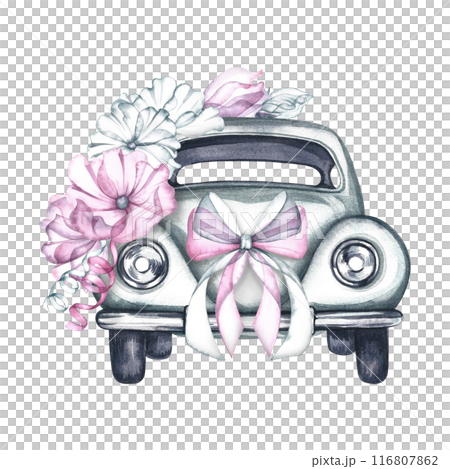 A retro car decorated with flowers and a bow. Festive white vintage car for wedding, birthday and anniversary. A watercolor illustration made by hand. A design element for postcards, banners, flyers. 116807862