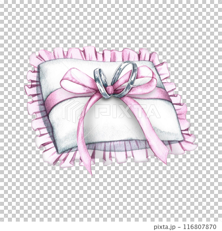An elegant pillow with wedding rings. Handmade watercolor illustration. A wedding attribute. An element of the design of invitation and greeting wedding cards in watercolor style. For banners. 116807870