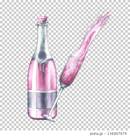 A bottle of pink champagne and a splash of a drink from a glass. A hand-drawn watercolor illustration. Isolate it. A postcard design element. For banners and posters. For the restaurant and its menu. 116807874