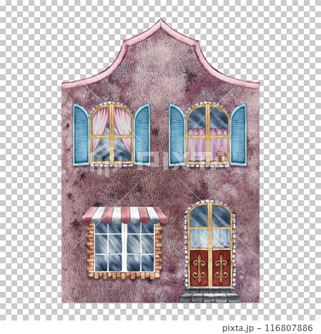 An old European house, a fabulous, cute, red two-storey house in vintage style. The watercolor illustration is made by hand. Isolate it. For prints, children's games, postcard, packaging, scrapbooking 116807886