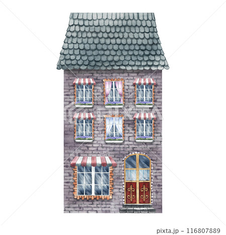 An old European house, a fabulous, cute, red three-storey house in vintage style. The watercolor illustration is made by hand. For printing, children's games, postcards, packaging, scrapbooking An old European house, a fabulous, cute, red three-storey house in vintage style. The watercolor illustration is made by hand. For printing, children's games, postcards, packaging, scrapbooking 116807889