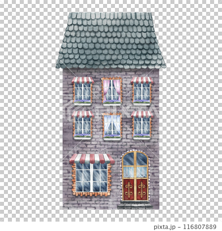 An old European house, a fabulous, cute, red three-storey house in vintage style. The watercolor illustration is made by hand. For printing, children's games, postcards, packaging, scrapbooking An old European house, a fabulous, cute, red three-storey house in vintage style. The watercolor illustration is made by hand. For printing, children's games, postcards, packaging, scrapbooking 116807889