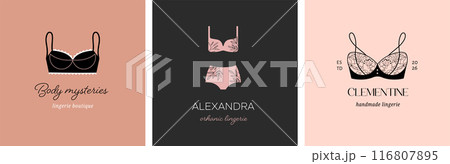 Lingerie, intimate wear, period underwear logos set. Retro, luxury vintage style. Collection of hand Lingerie, intimate wear, period underwear logos set. Retro, luxury vintage style. Collection of hand 116807895
