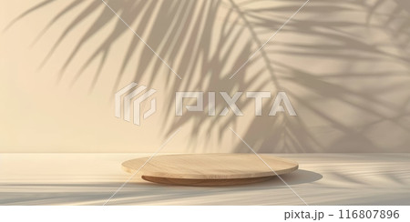 Minimal Podium With Wood Texture And Palm Leaf Shadow for Product Presentation 116807896