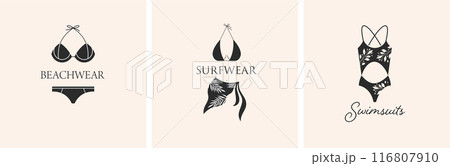 Beachwear, swimsuits, resort wear set of logos, illustrations, symbols. Collection of hand drawn 116807910