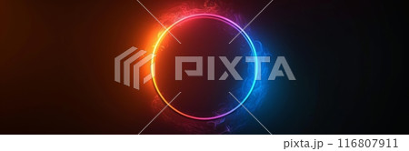 Circular gradient with orange, blue and red colors on black background. Neon circle shape 116807911